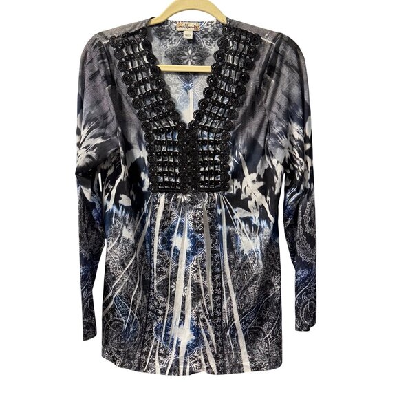 World Unity Womens Sz Large Black & Blue Beaded V-Neck Long Sleeve Tunic Top - Picture 7 of 12